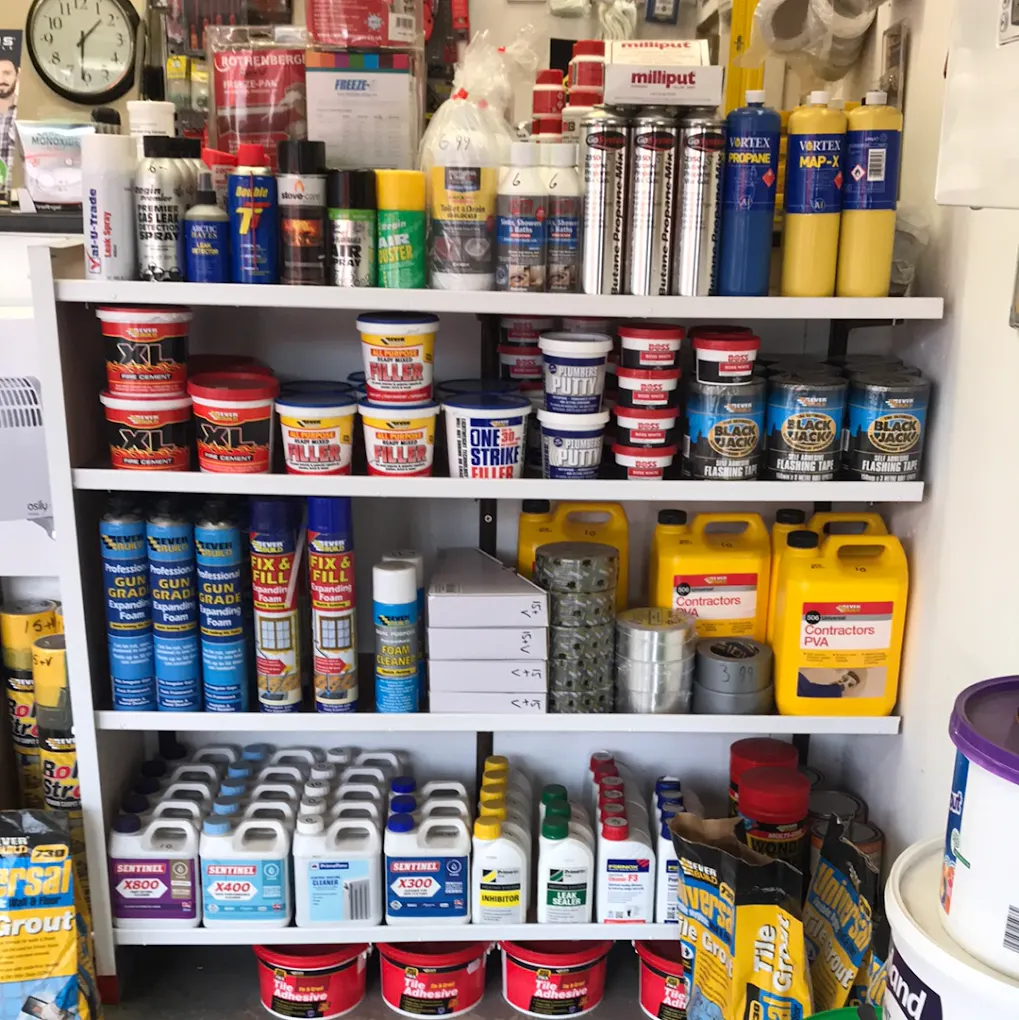 Shelves of sealants, fillers and DIY consumables at BBS Ltd